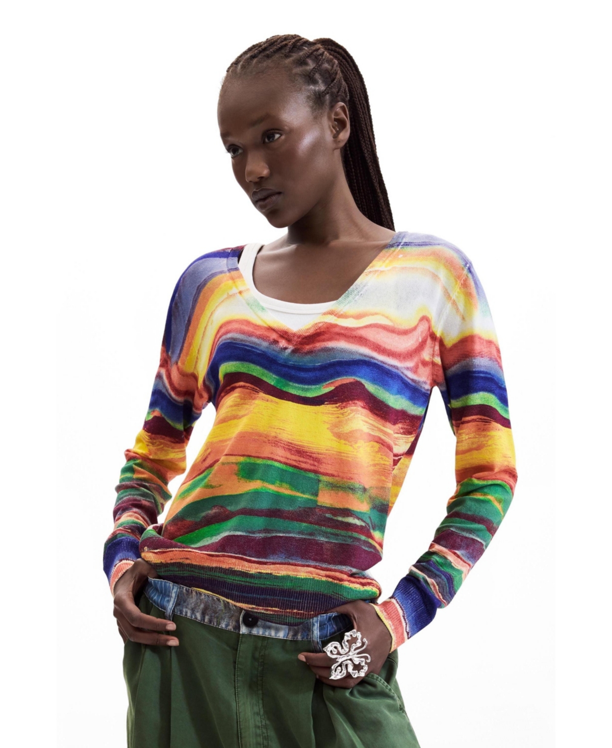 Desigual Women’s Fine Knit Printed Sweater – Yellow Desigual Women’s Fine Knit Printed Sweater – Yellow