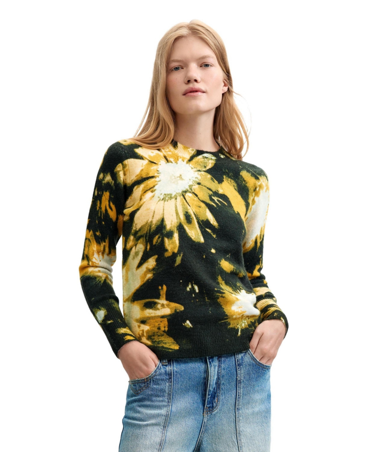 Desigual Women’s Floral-Print Crew Neck Sweater – Black
