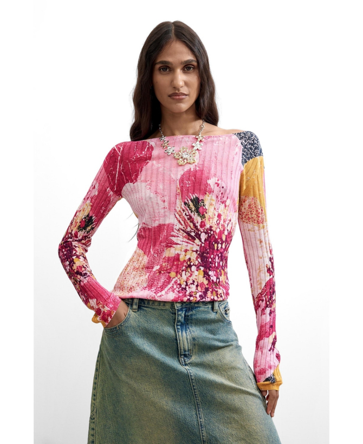 Desigual Women’s Floral Printed Sweater – Bright orange