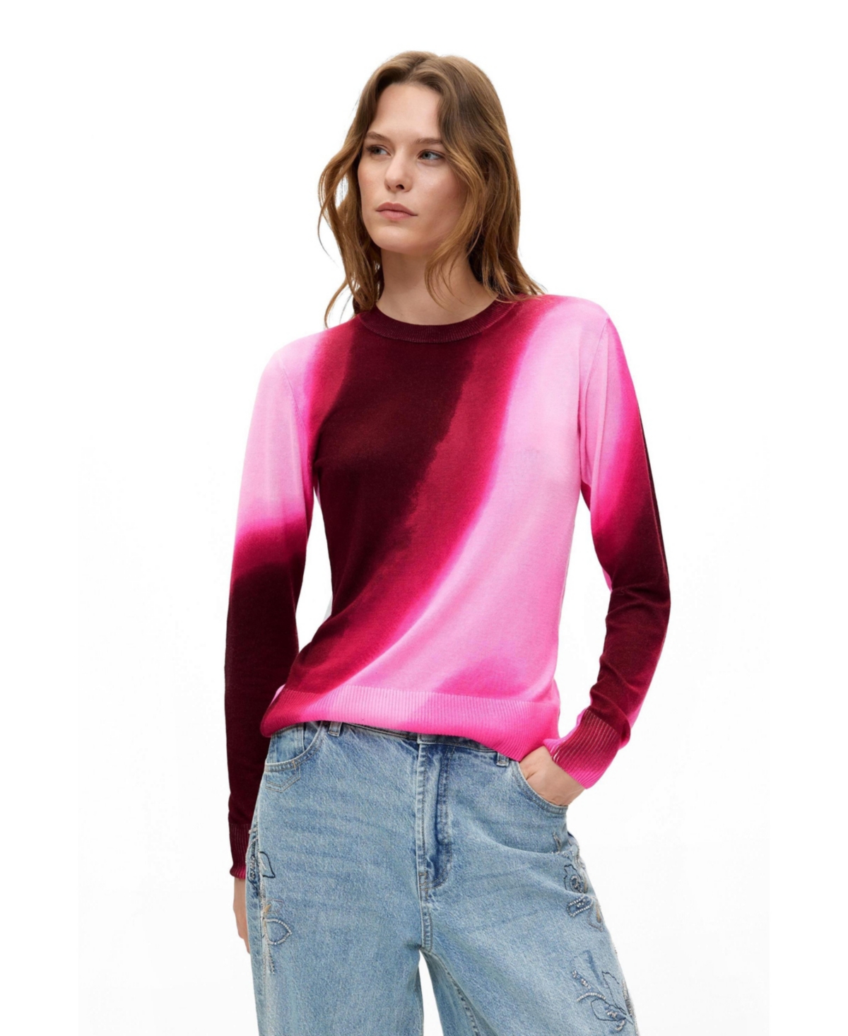 Desigual Women’s Gradient Fine-Knit Crewneck Sweater – Pink Desigual Women’s Gradient Fine-Knit Crewneck Sweater – Pink