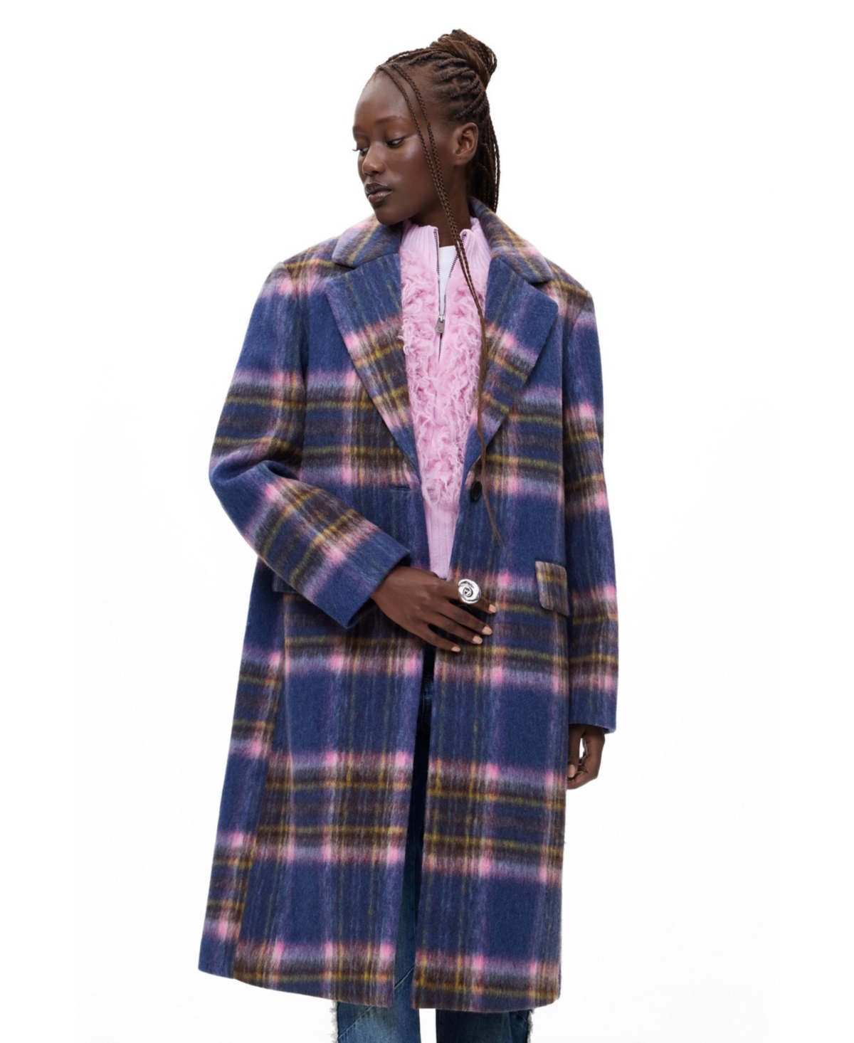 Desigual Women’s Long Plaid Wool-Blend Coat – Navy blue