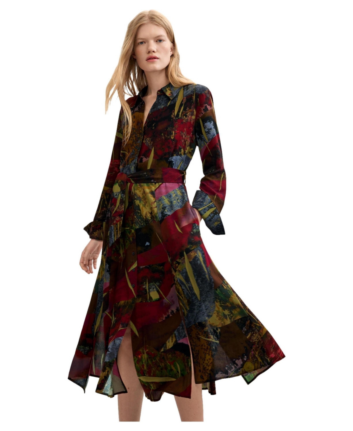 Desigual Women’s Long-Sleeve Belted Midi Dress – Green Desigual Women’s Long-Sleeve Belted Midi Dress – Green