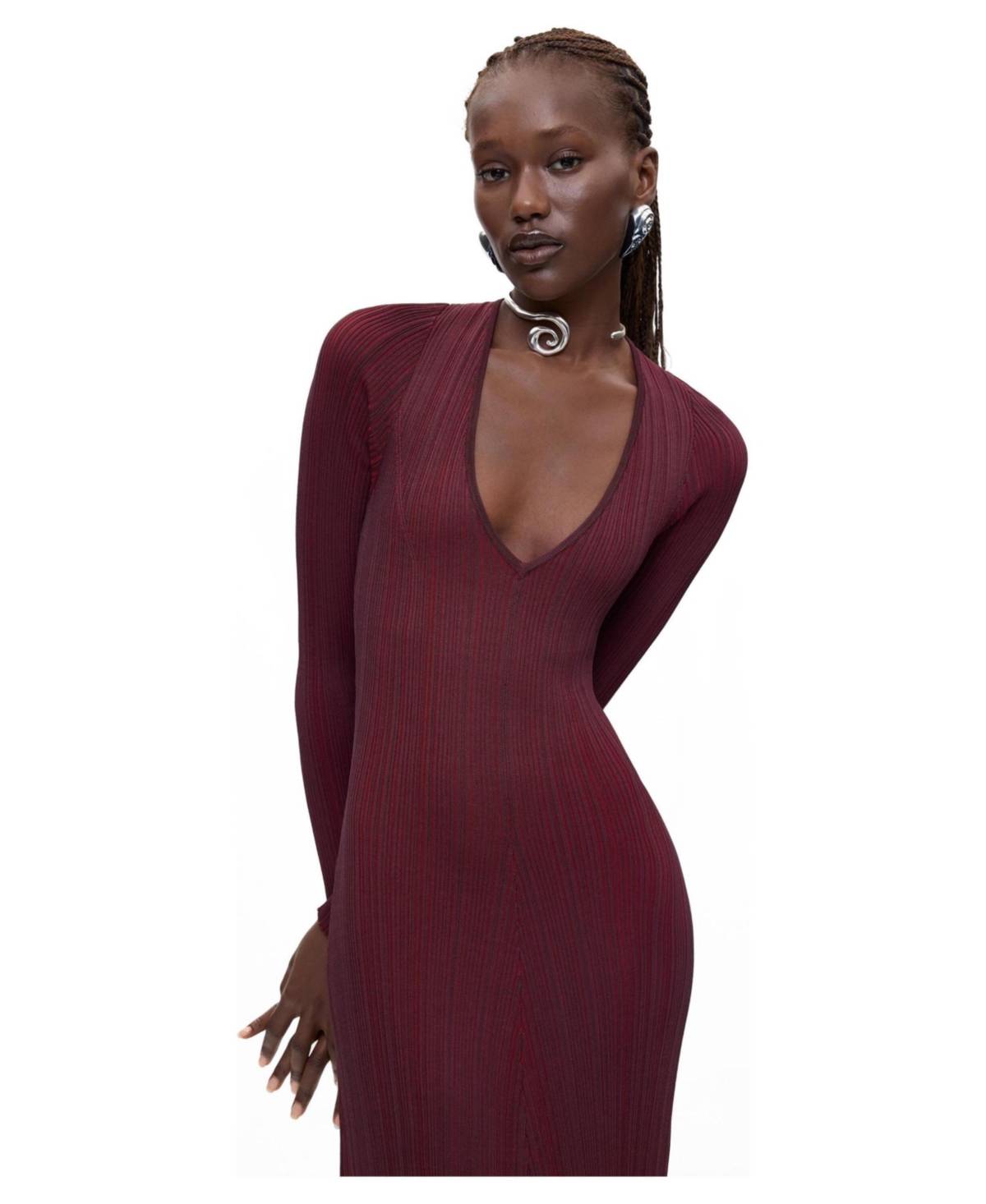 Desigual Women’s Long-Sleeve Fitted Ribbed-Knit Sweater Dress – Medium beige