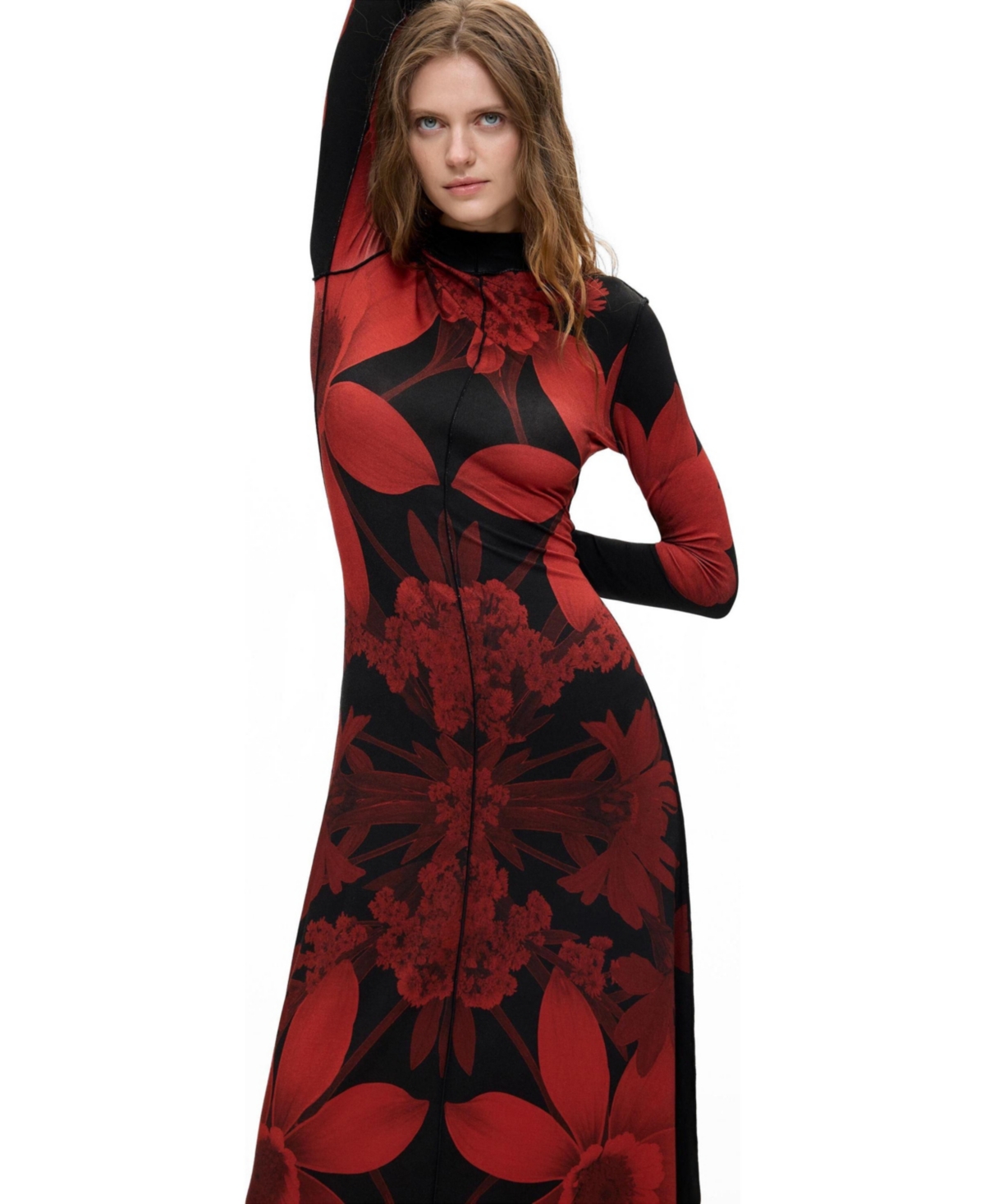 Desigual Women’s Long-Sleeve Floral-Print Mock Neck Midi Dress – Black Desigual Women’s Long-Sleeve Floral-Print Mock Neck Midi Dress – Black