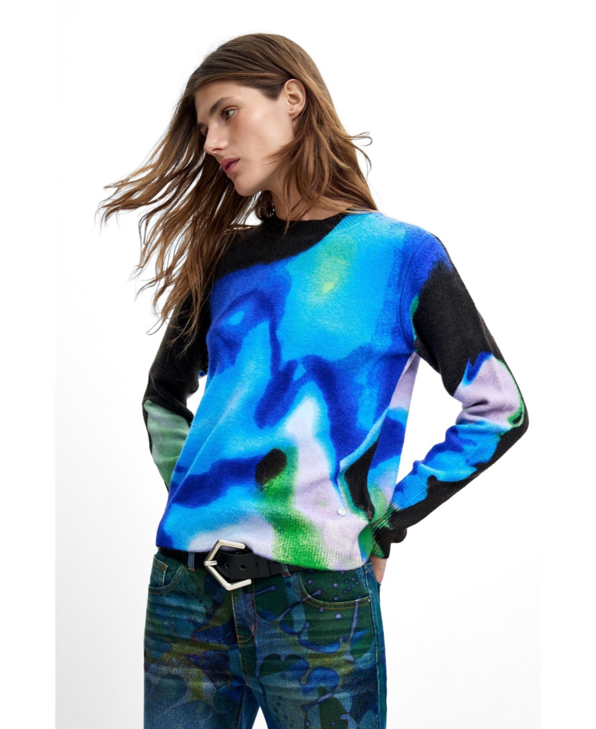 Desigual Women’s M. C. Lacroix Abstract Print Fine-Knit Sweater – Dark blue