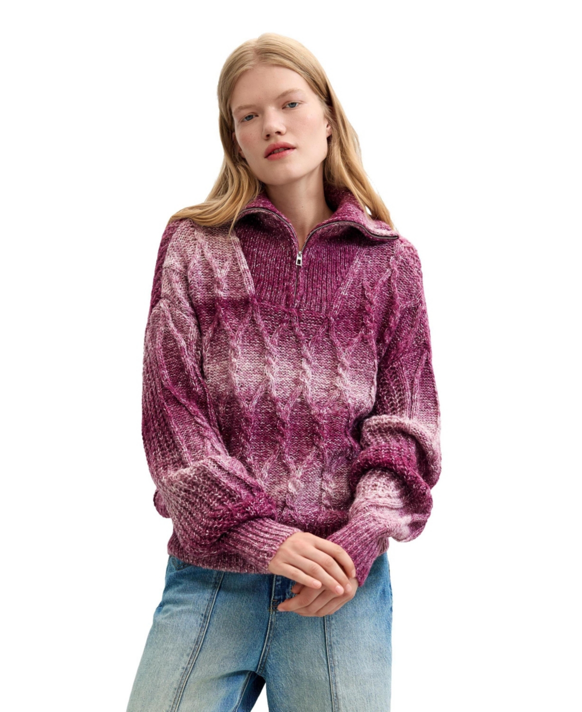 Desigual Women’s Quarter-Zip Cable-Knit Chunky Sweater – Purple