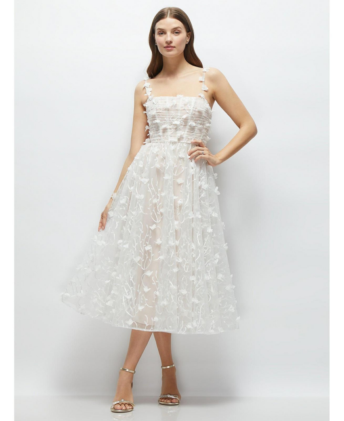 Dessy Collection Women’s 3D Floral Embroidered Little White Midi Dress with Nude Corset Underlay – Ivory