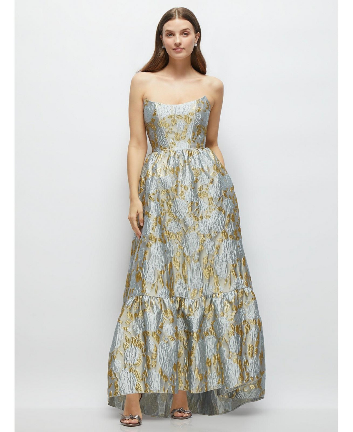 Dessy Collection Women’s Strapless Cat-Eye Boned Bodice Brocade High-Low Dress – Winter mist Dessy Collection Women’s Strapless Cat-Eye Boned Bodice Brocade High-Low Dress – Winter mist