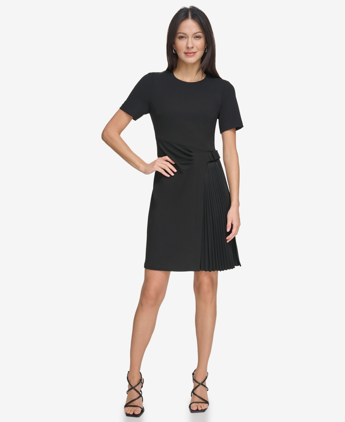 Dkny Petite Jewel Neck Asymmetric Pleated Skirt Dress – Black Dkny Petite Jewel Neck Asymmetric Pleated Skirt Dress – Black