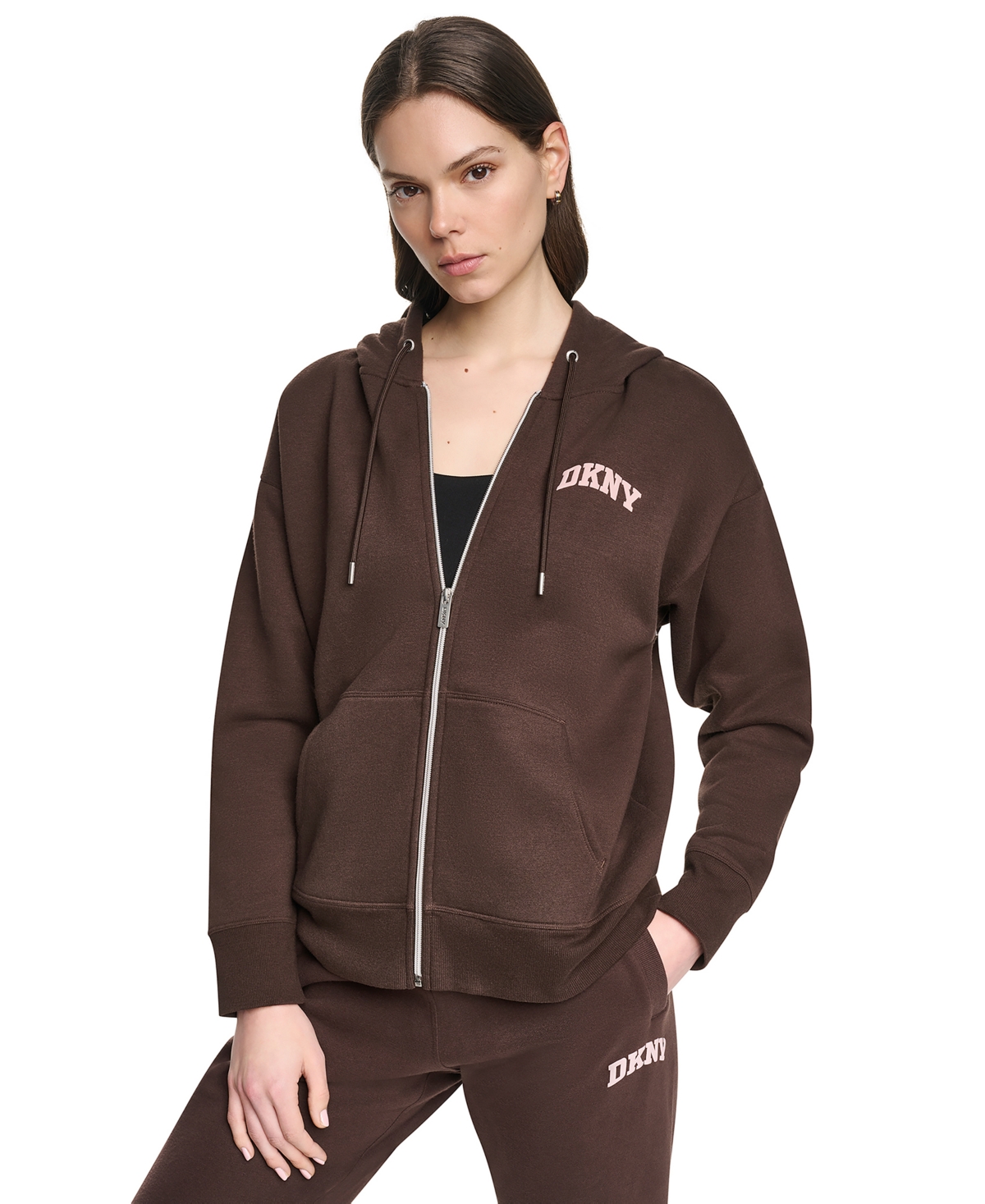 Dkny Sport Women’s Puff Varsity Logo Full-Zip Hoodie – Espresso/blush Pink