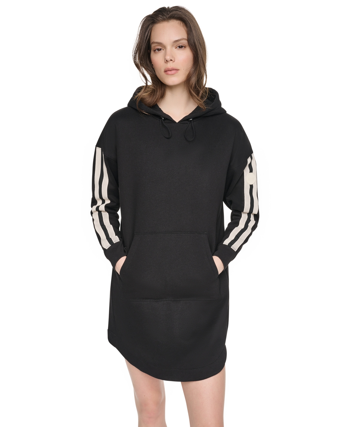 Dkny Sport Women’s Textured Tape Logo Shirt Tail Hem Hoodie Dress – Black