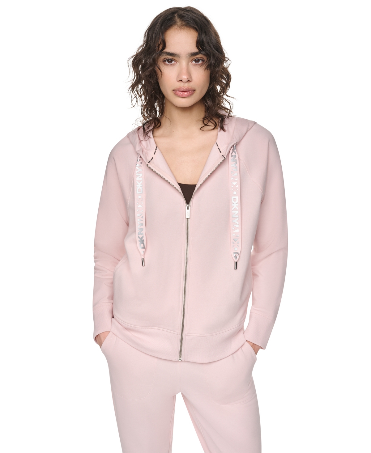 Dkny Sport Women’s Two-Tone Zip-Front Long-Sleeve Hoodie – Blush Pink/silver