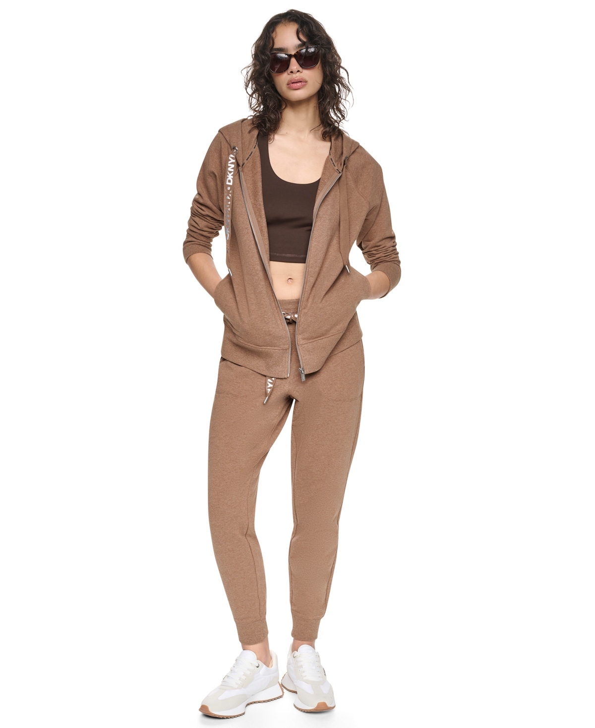 Dkny Sport Women’s Two-Tone Zip-Front Long-Sleeve Hoodie – Caramel Hthr/silver