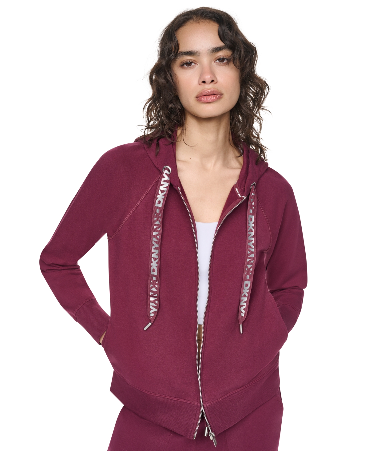 Dkny Sport Women’s Two-Tone Zip-Front Long-Sleeve Hoodie – Claret/silver