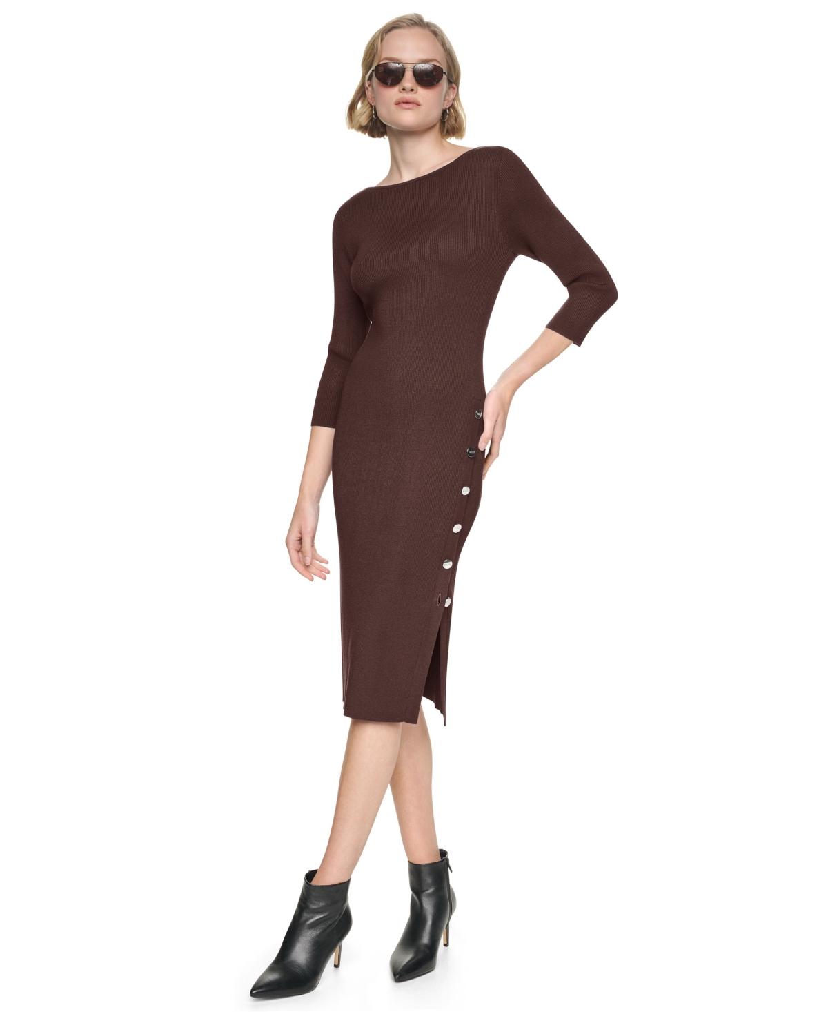 Dkny Women’s 3/4 Sleeve Boat Neck Midi Sweater Dress – Chocolate Plum Dkny Women’s 3/4 Sleeve Boat Neck Midi Sweater Dress – Chocolate Plum