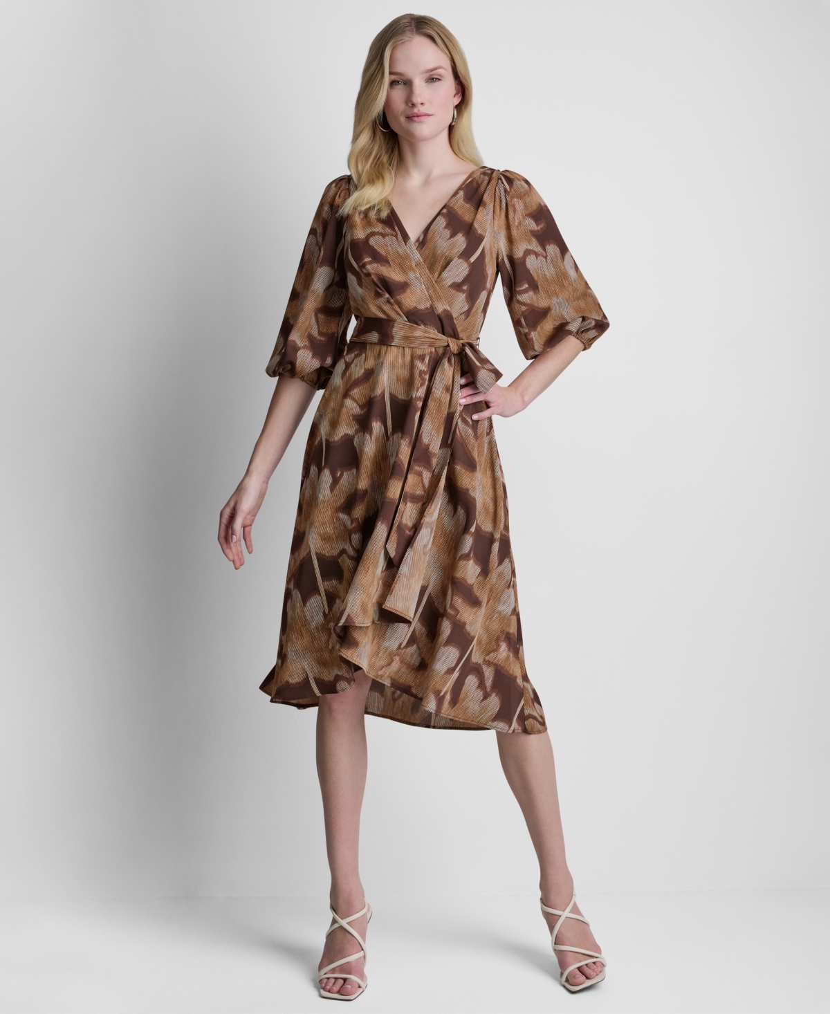 Dkny Women’s Balloon-Sleeve Faux Wrap Midi Dress – Java Multi Dkny Women’s Balloon-Sleeve Faux Wrap Midi Dress – Java Multi