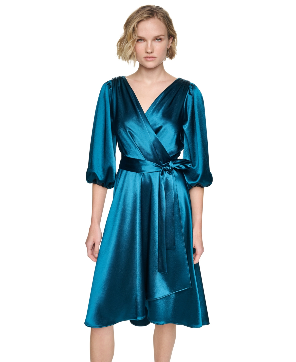 Dkny Women’s Balloon-Sleeve Satin Faux-Wrap Dress – Cypress Dkny Women’s Balloon-Sleeve Satin Faux-Wrap Dress – Cypress