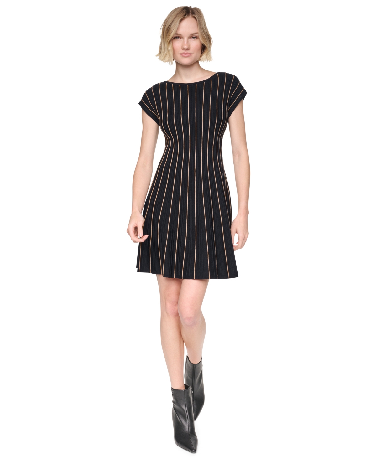 Dkny Women’s Cap Sleeve Crew Neck Ribbed Fit and Flare Sweater Dress – Black/Truffle Dkny Women’s Cap Sleeve Crew Neck Ribbed Fit and Flare Sweater Dress – Black/Truffle