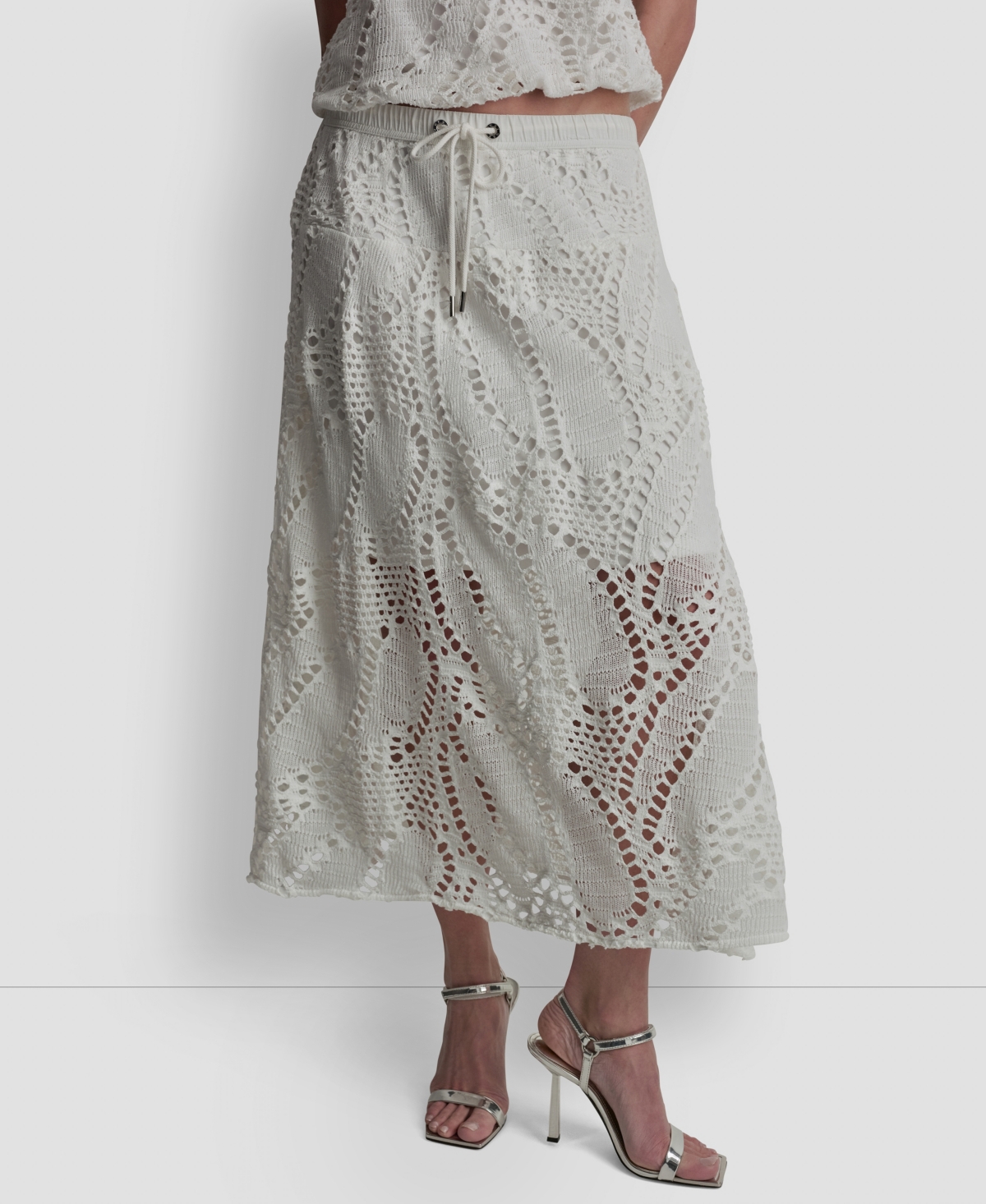 Dkny Women’s Crochet Leaf Pull-On Midi Skirt – Ivory
