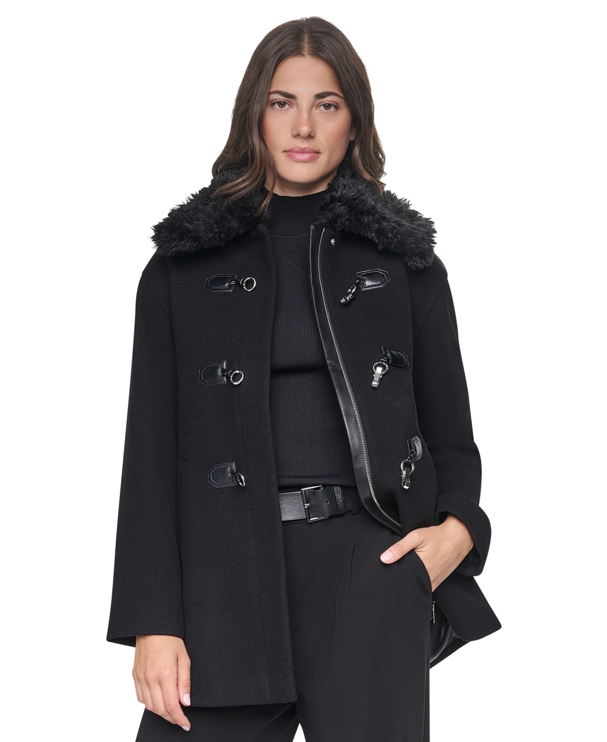 Dkny Women’s Faux-Fur Collared Wool-Blend Mid-Length Coat – Black Dkny Women’s Faux-Fur Collared Wool-Blend Mid-Length Coat – Black