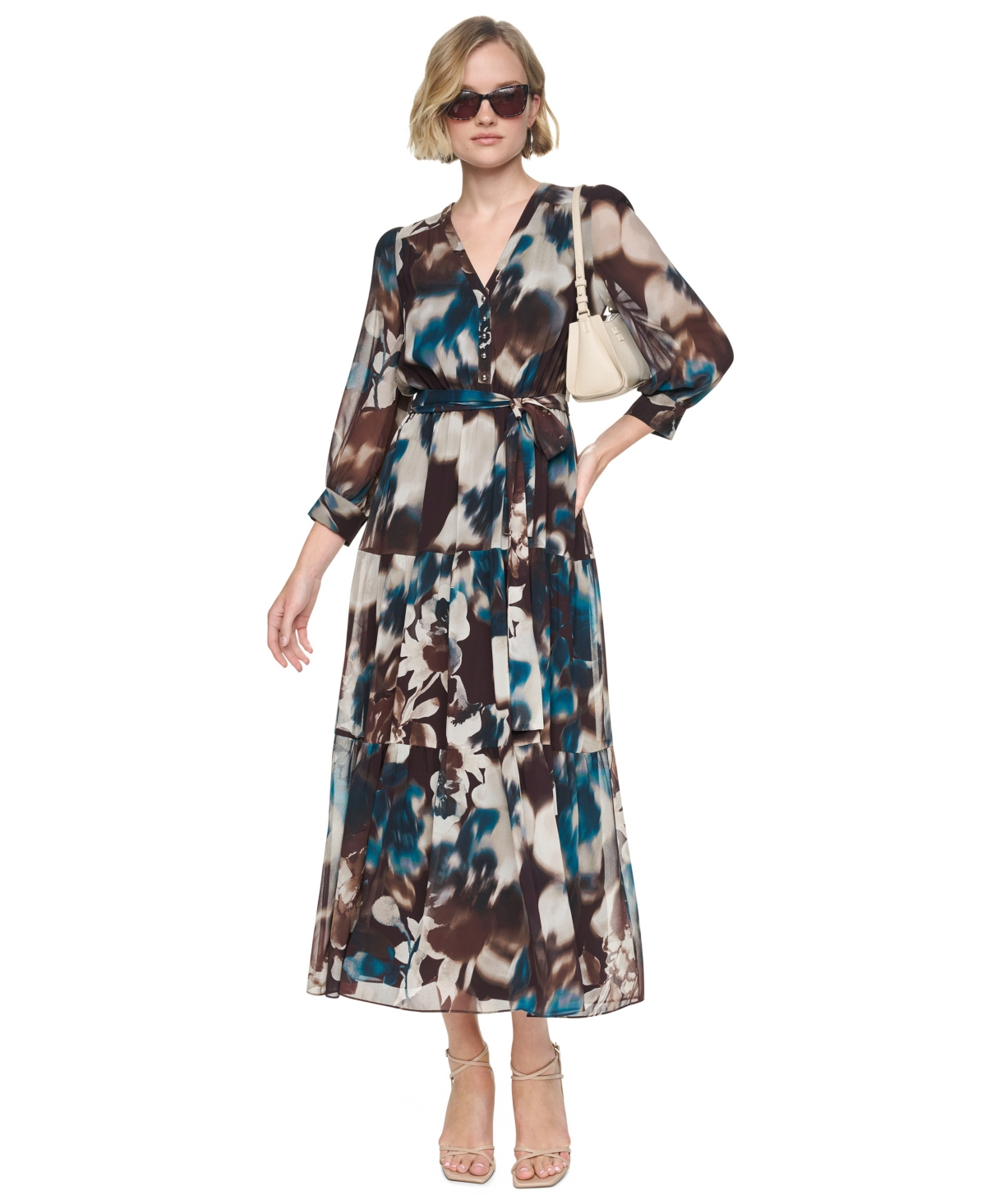 Dkny Women’s Floral-Print Tiered V-Neck Maxi Dress – Chocolate Plum Multi