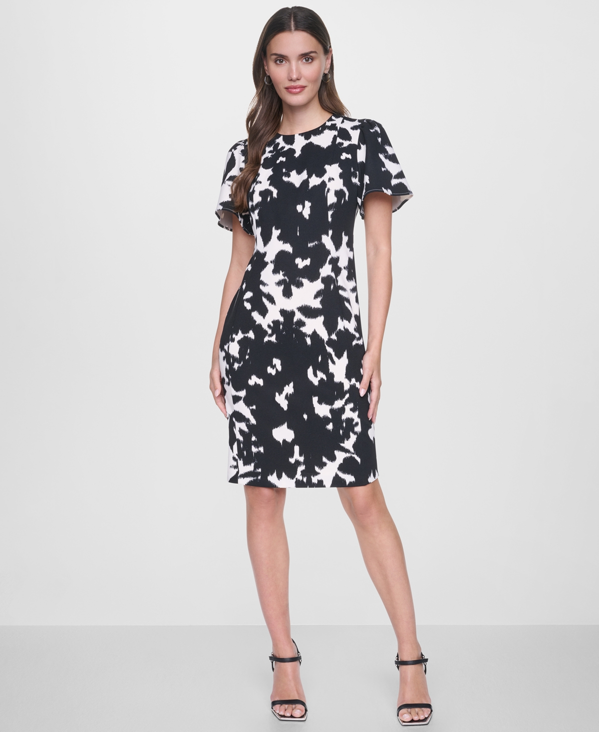Dkny Women’s Flutter-Sleeve Printed Dress – Coconut/Black