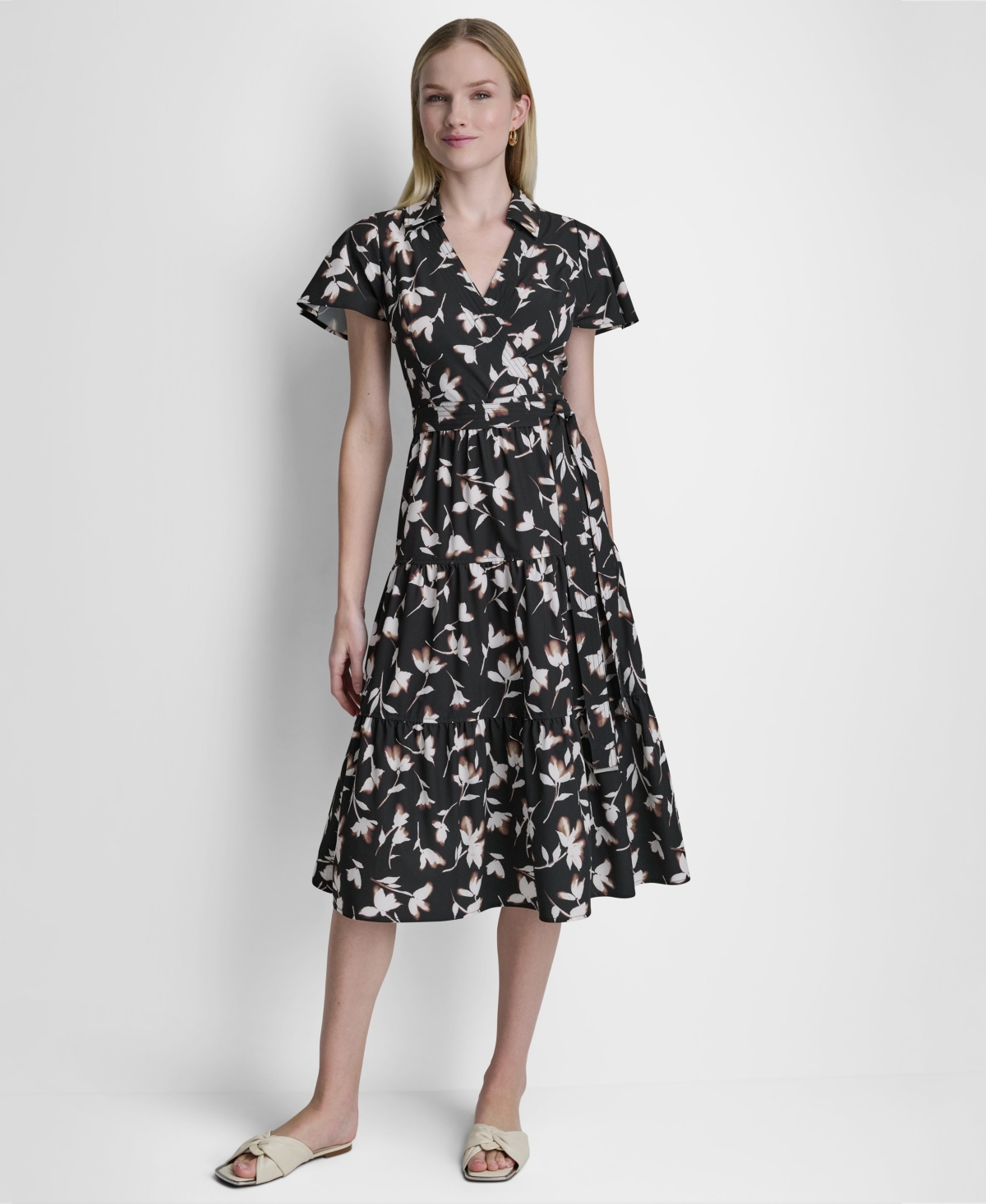 Dkny Women’s Flutter-Sleeve Tiered Printed Midi Dress – Black/Whitecap Multi Dkny Women’s Flutter-Sleeve Tiered Printed Midi Dress – Black/Whitecap Multi