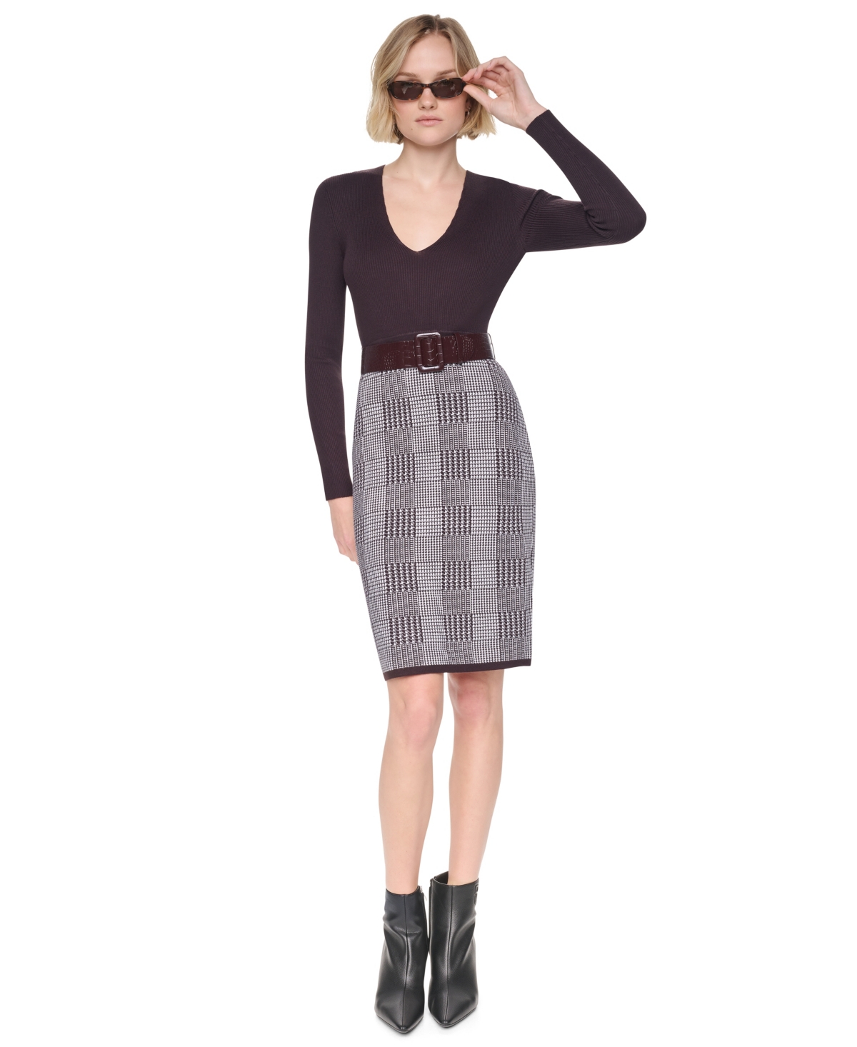 Dkny Women’s Houndstooth Plaid V-Neck Long-Sleeve Sweater Dress – Chocolate Plum/Coconut