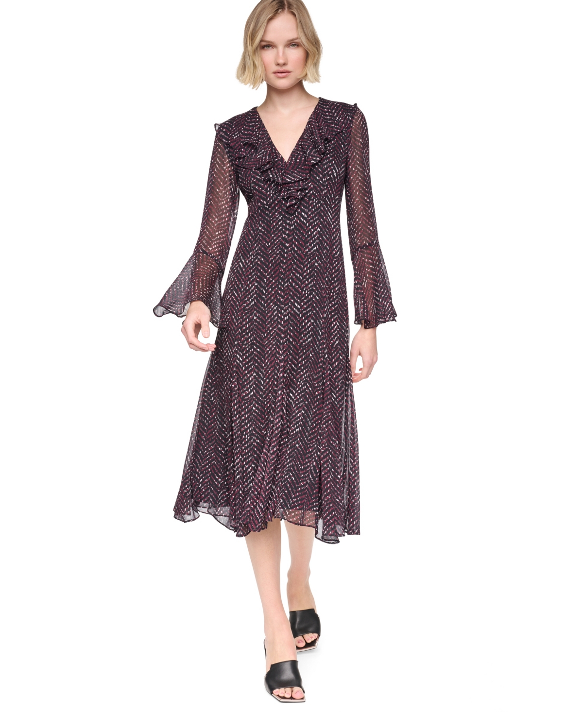 Dkny Women’s Long Bell Sleeve V-Neck Ruffle Godet Midi Dress – Burgundy Multi Dkny Women’s Long Bell Sleeve V-Neck Ruffle Godet Midi Dress – Burgundy Multi
