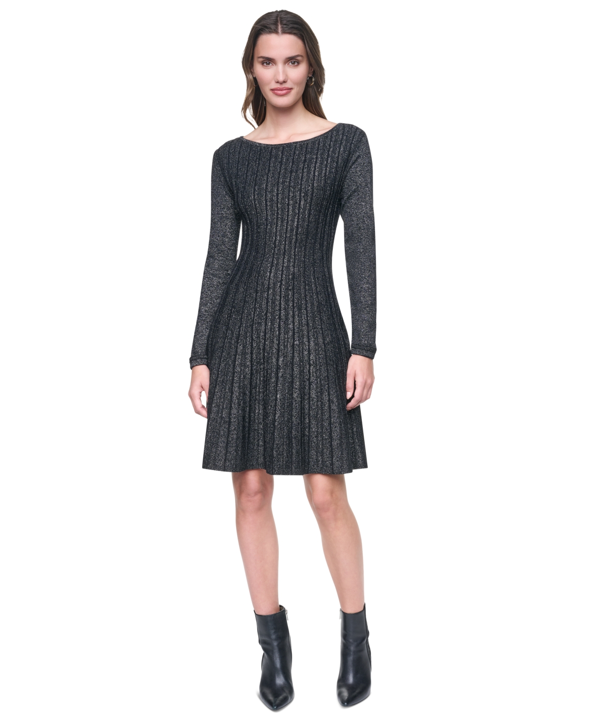 Dkny Women’s Long-Sleeve Boat Neck Ribbed Fit & Flare Dress – Black/Black Dkny Women’s Long-Sleeve Boat Neck Ribbed Fit & Flare Dress – Black/Black