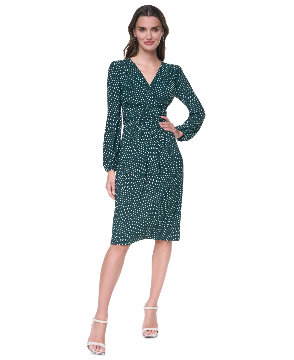 Dkny Women’s Long Sleeve Surplice V-Neck Twist-Front Fit and Flare Midi Dress – Malachite/Coconut