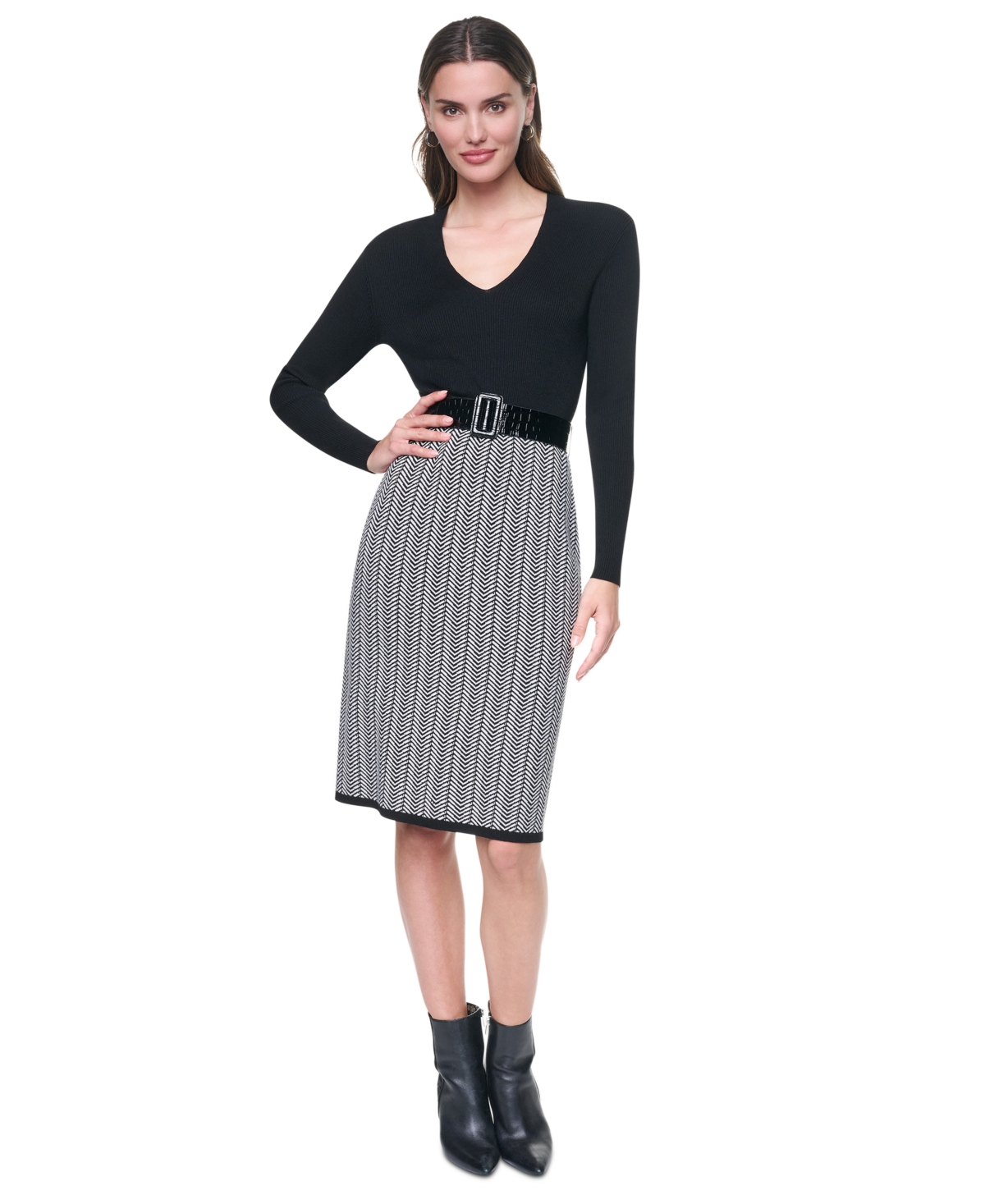 Dkny Women’s Long Sleeve V-Neck Belted Sheath Sweater Dress – Black/Coconut Dkny Women’s Long Sleeve V-Neck Belted Sheath Sweater Dress – Black/Coconut