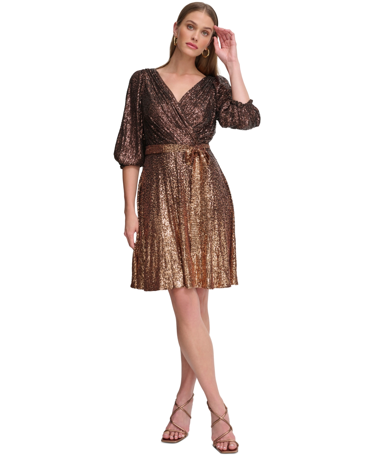Dkny Women’s Ombre Sequin Wrap 3/4 Balloon-Sleeve V-Neck Dress – Copper/Cocoa