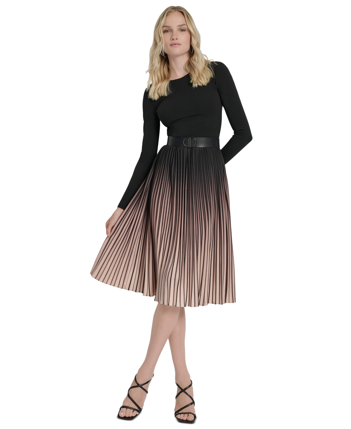 Dkny Women’s Pleated Jewel Neck Belted Midi Dress – Black/Elegant Beige Dkny Women’s Pleated Jewel Neck Belted Midi Dress – Black/Elegant Beige