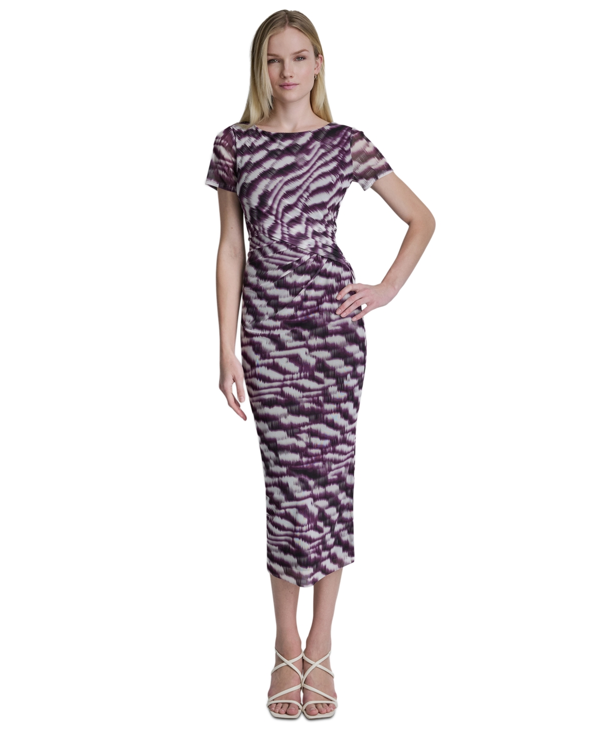 Dkny Women’s Printed Side Knot Mesh Midi Dress – Plum Multi Dkny Women’s Printed Side Knot Mesh Midi Dress – Plum Multi