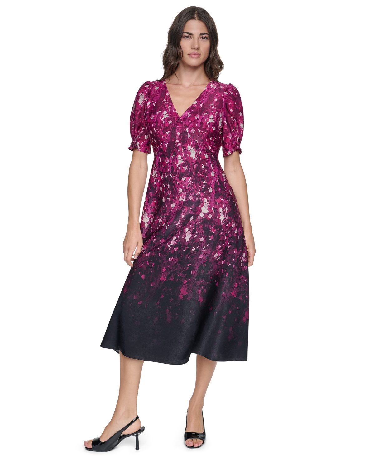 Dkny Women’s Puff-Sleeve Printed Midi Dress – Paillette Ombre