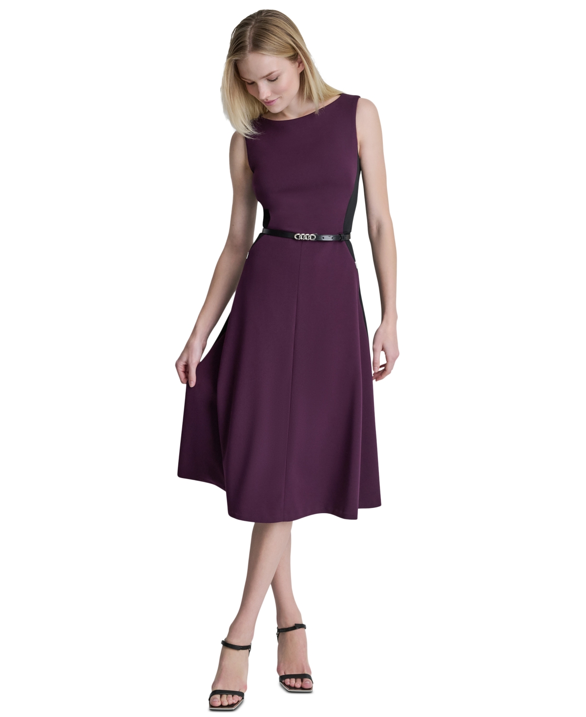 Dkny Women’s Sleeveless Boat Neck Belted Midi Dress – Plum/Black