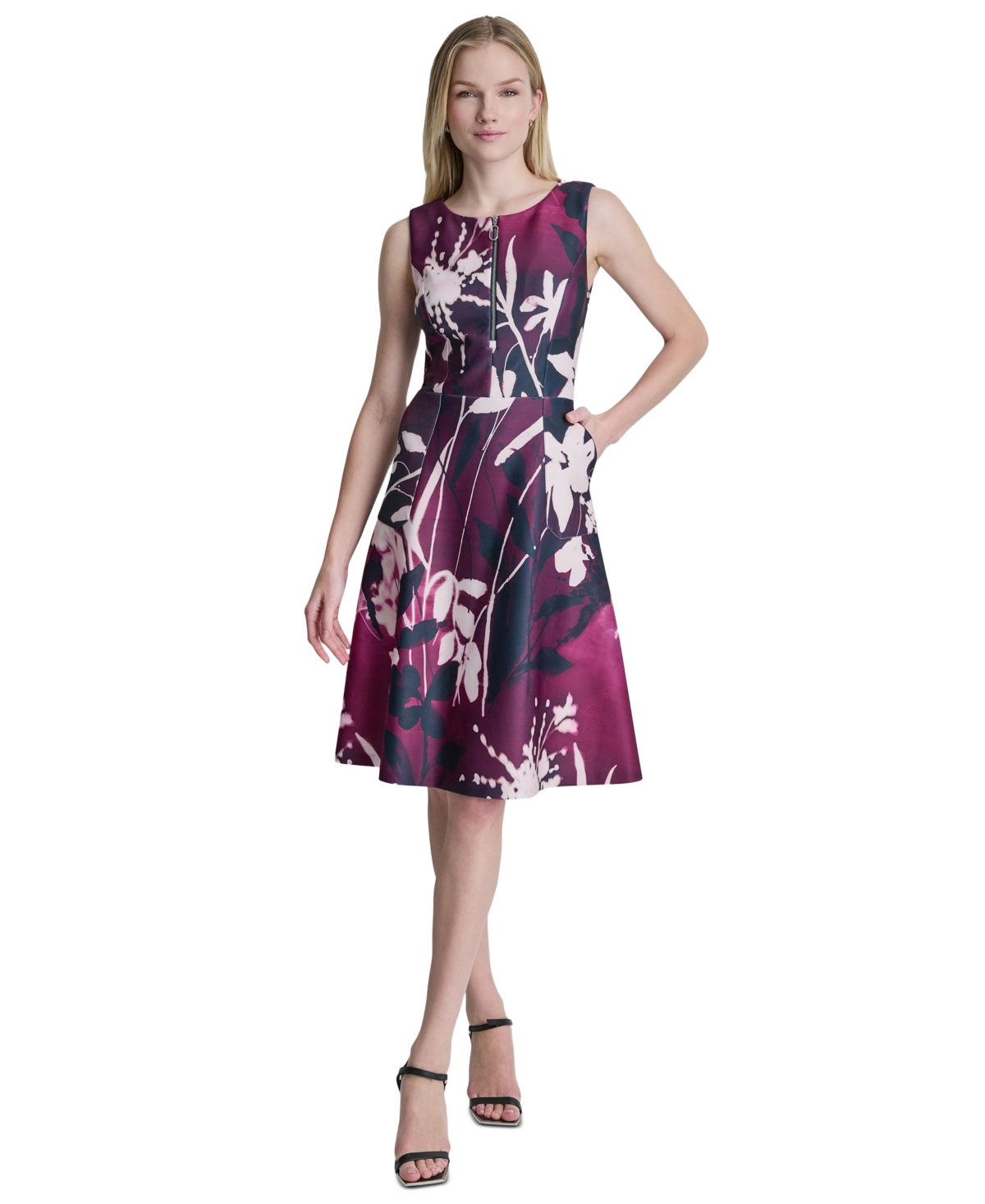 Dkny Women’s Sleeveless Crewneck A-Line Midi Dress – African Violet Multi