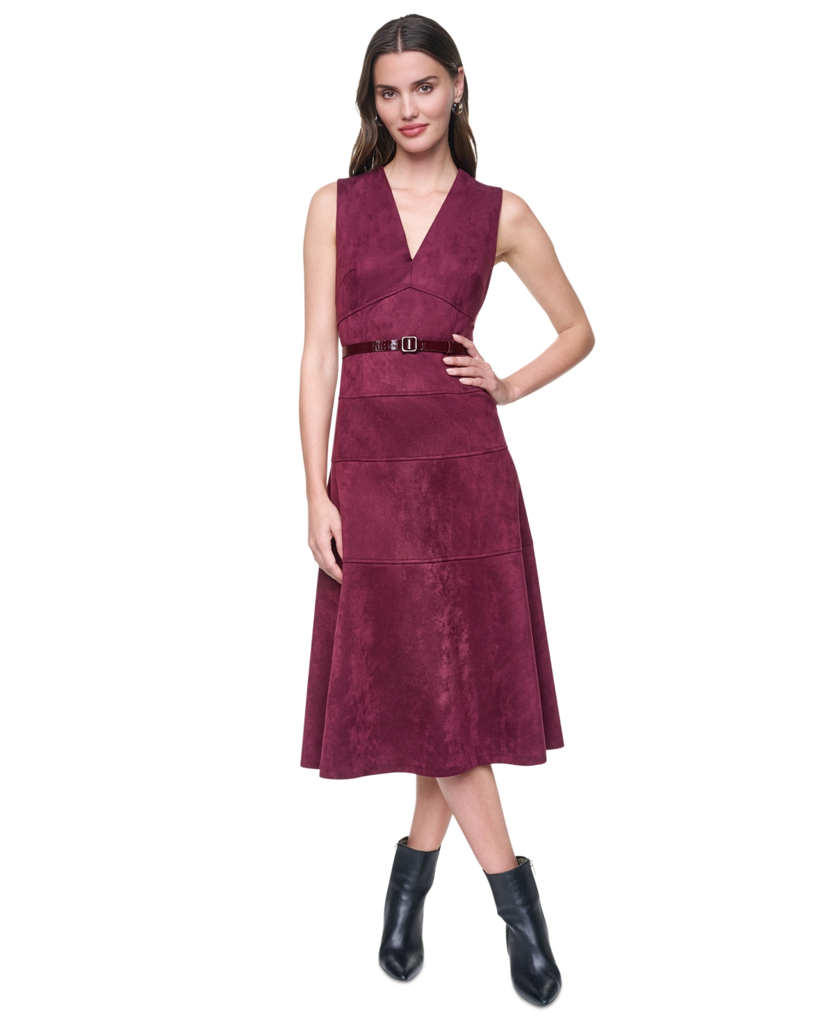 Dkny Women’s Sleeveless V-Neck Buckle Belt Midi Dress – Syrah Dkny Women’s Sleeveless V-Neck Buckle Belt Midi Dress – Syrah
