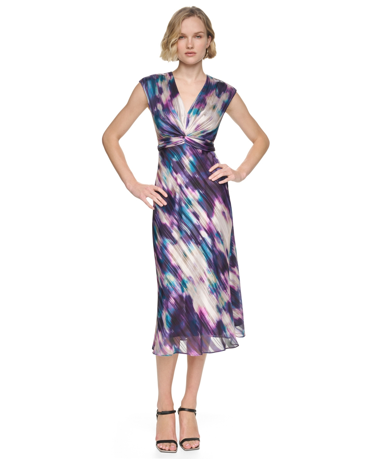 Dkny Women’s Sleeveless V-Neck Knot-Front A-Line Midi Dress – Black/Cypress Multi Dkny Women’s Sleeveless V-Neck Knot-Front A-Line Midi Dress – Black/Cypress Multi