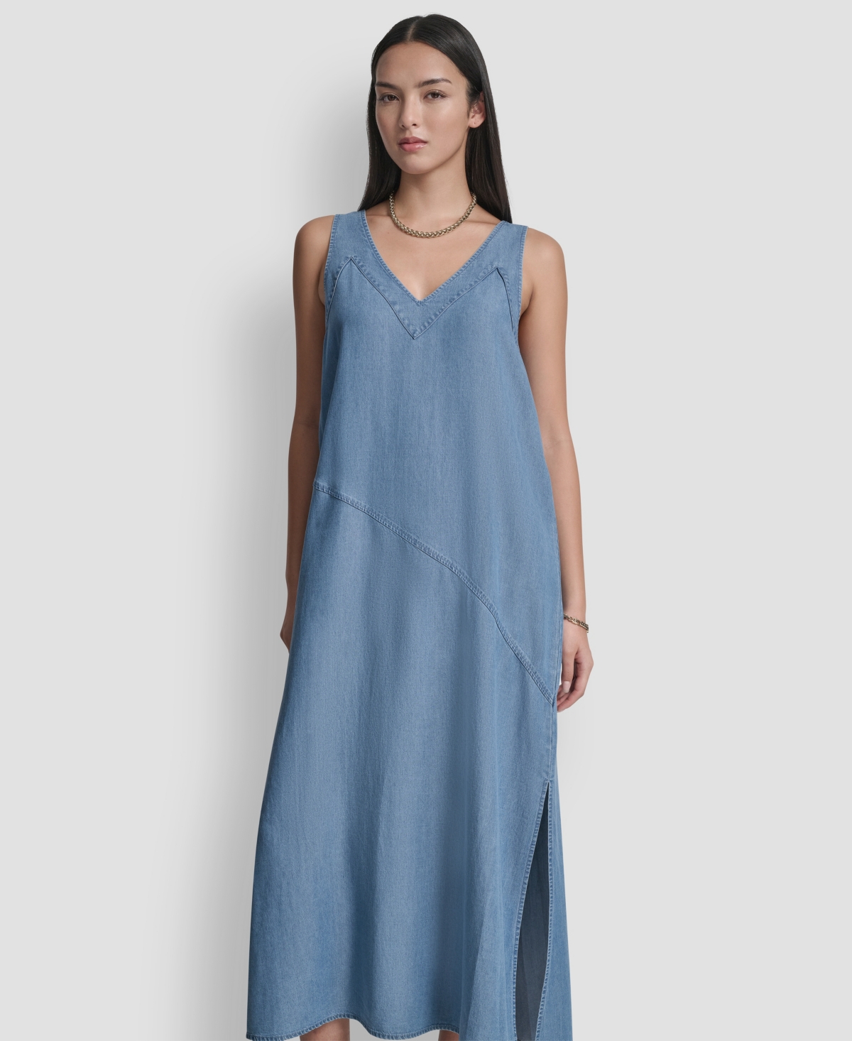 Dkny Women’s Sleeveless V-Neck Side-Slit Dress – Stream Dkny Women’s Sleeveless V-Neck Side-Slit Dress – Stream