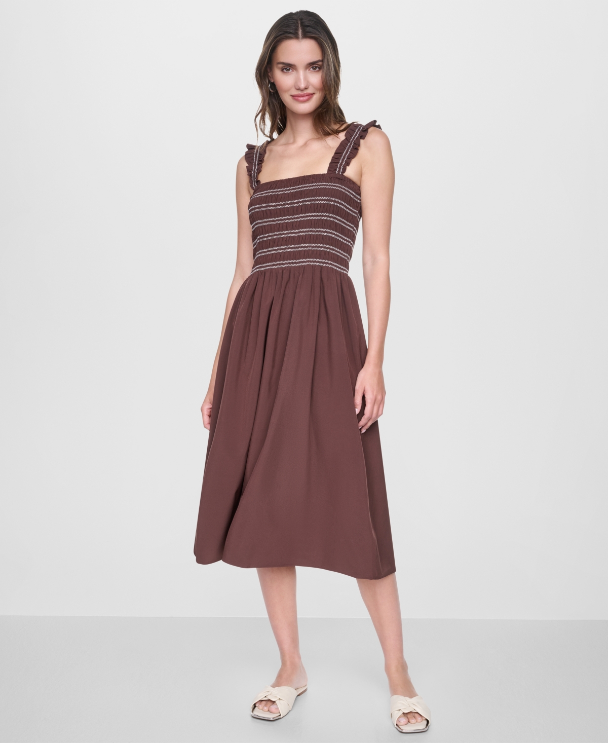 Dkny Women’s Smocked Bodice Sleeveless Midi Dress – Java Dkny Women’s Smocked Bodice Sleeveless Midi Dress – Java