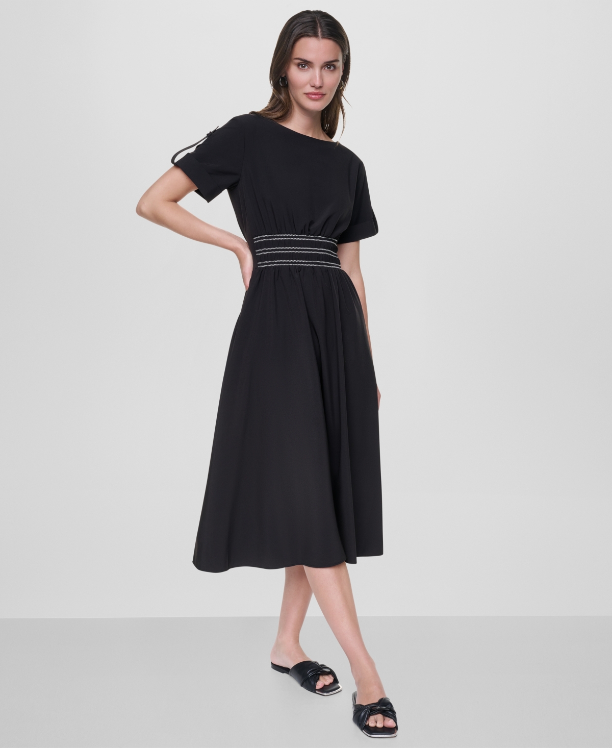 Dkny Women’s Smocked Waist Midi Dress – Black Dkny Women’s Smocked Waist Midi Dress – Black