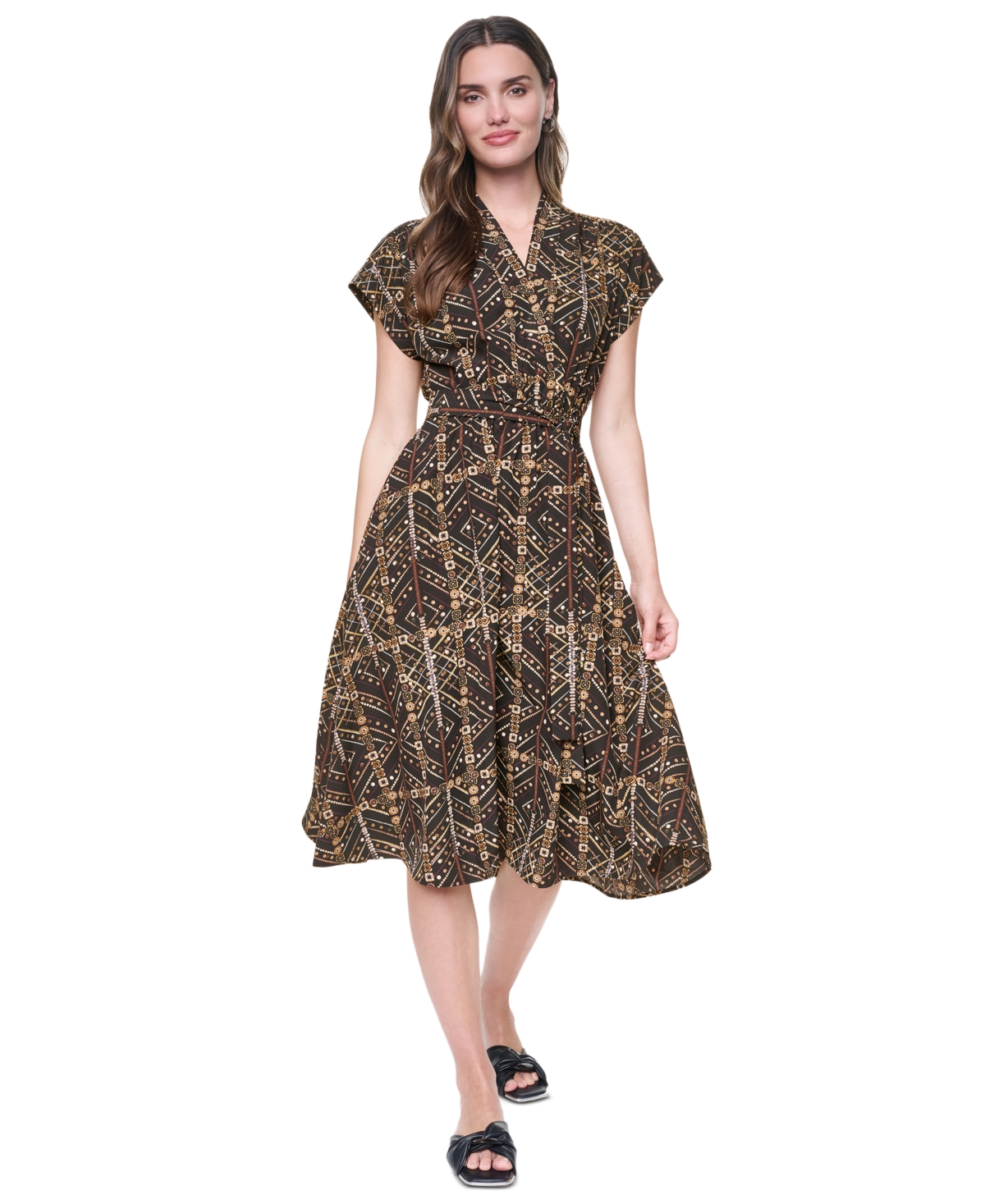 Dkny Women’s Surplice Neck Faux-Wrap Midi Dress – Black Multi