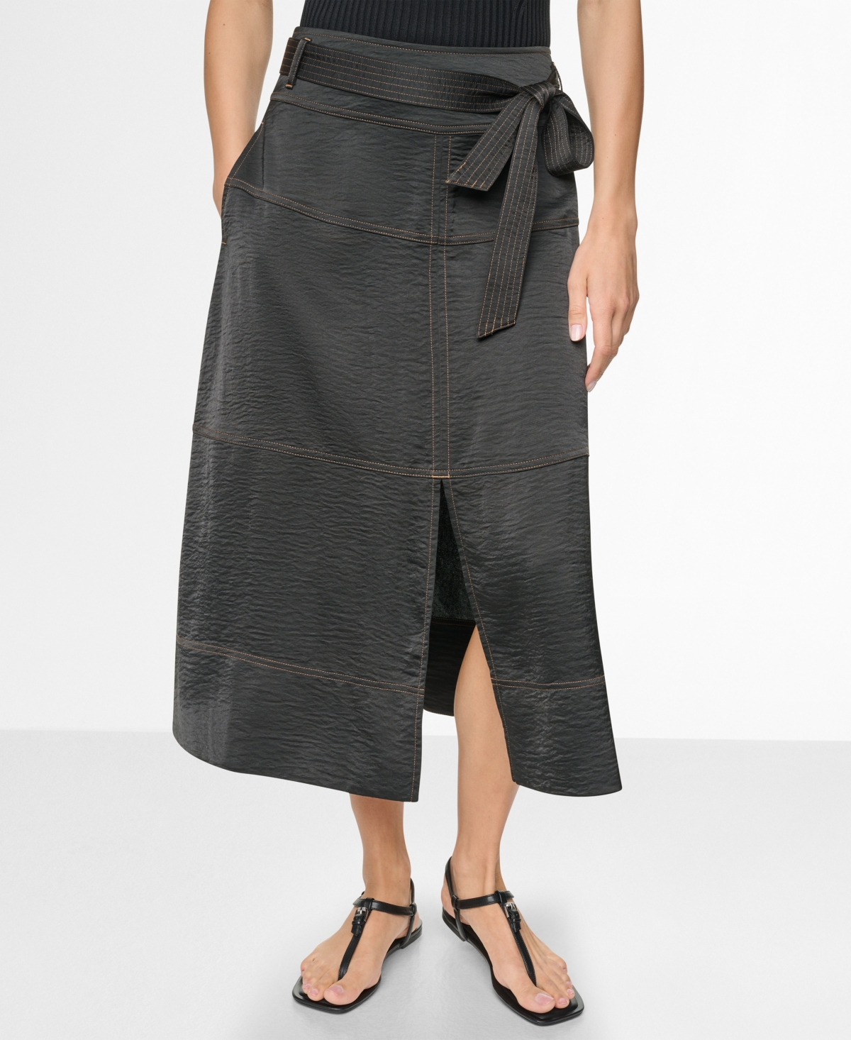 Dkny Women’s Tie-Waist Contrast Stitch Skirt – Black