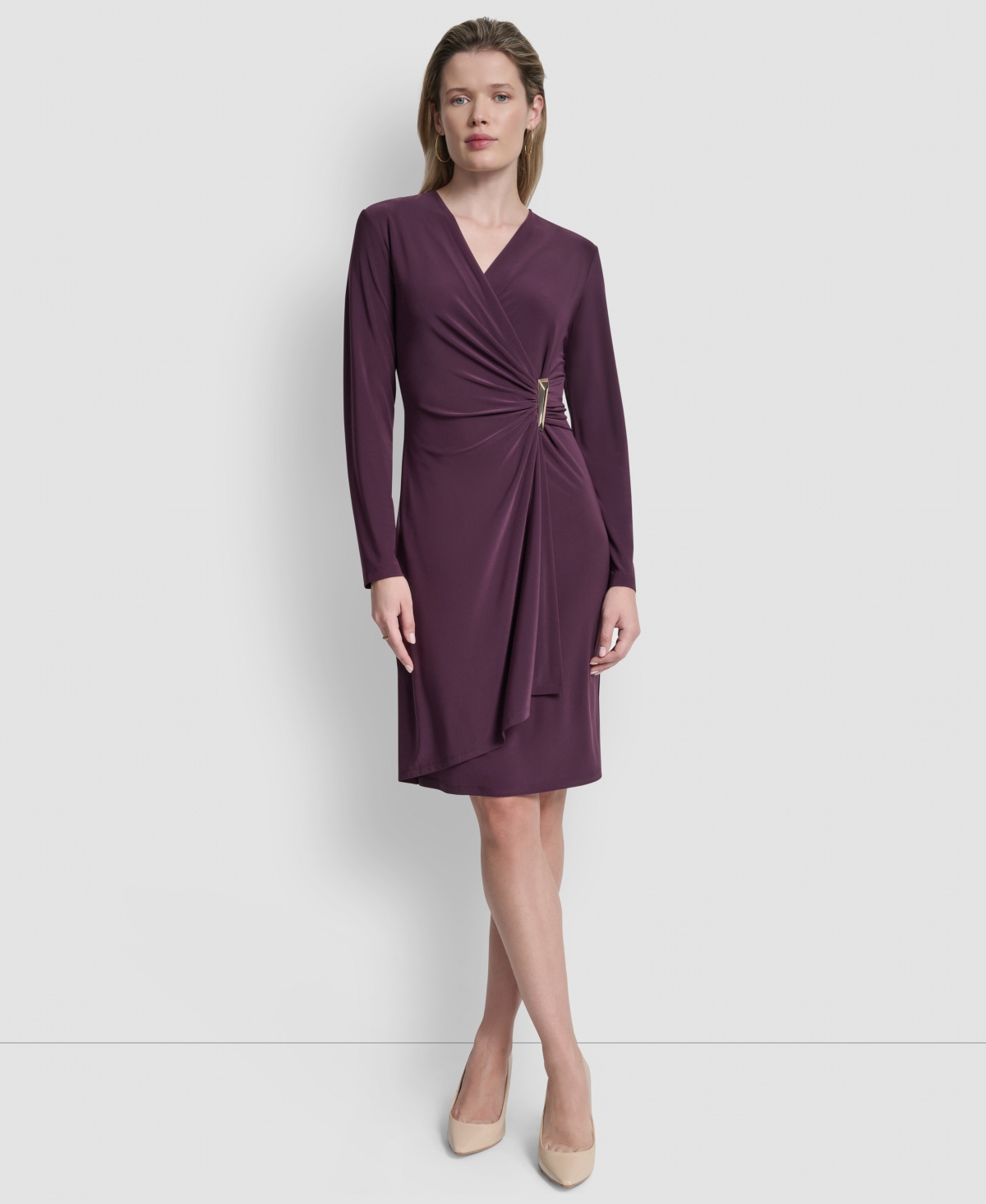 Dkny Women’s V-Neck Faux Wrap Dress – Aubergine