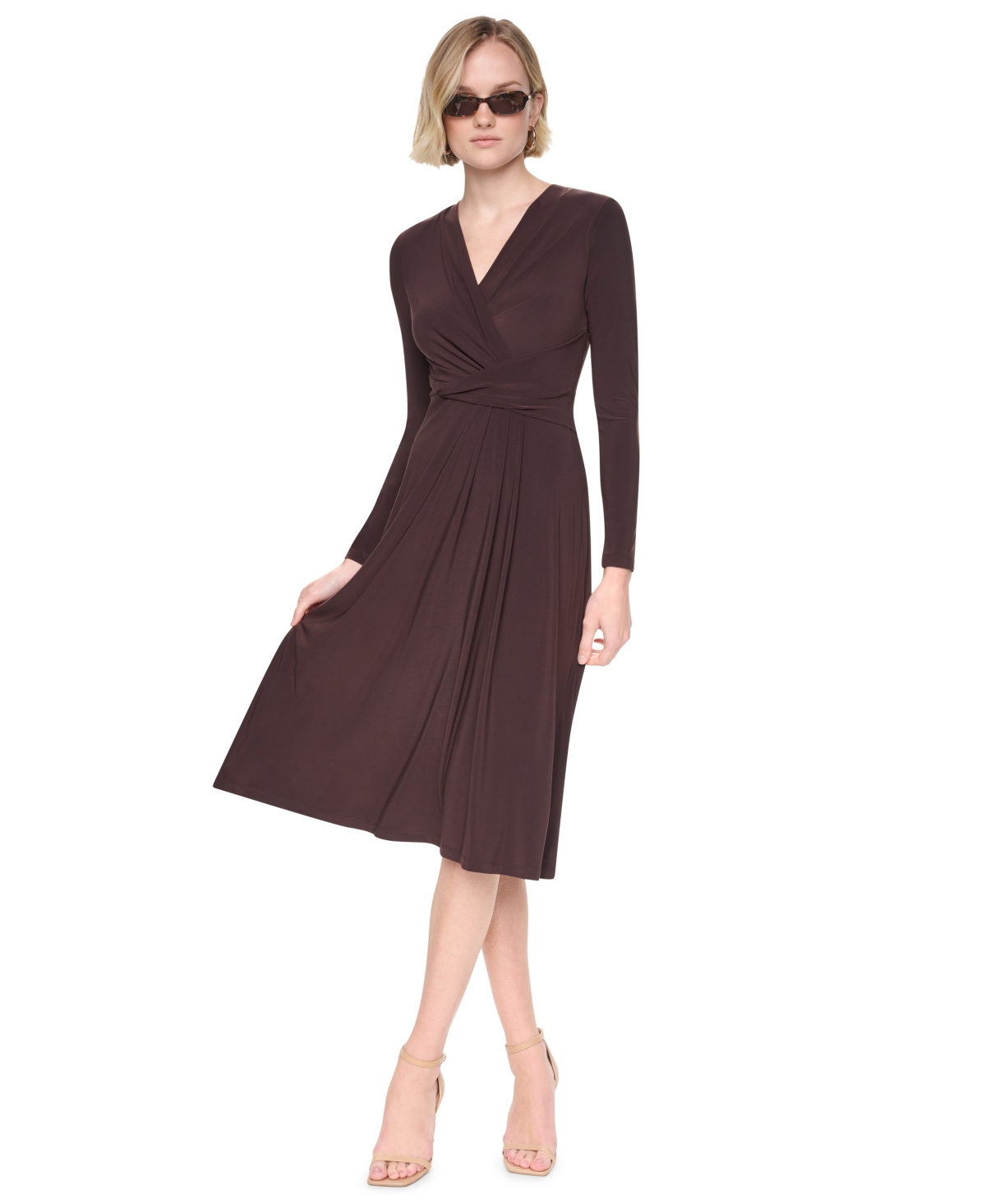 Dkny Women’s V-Neck Long-Sleeve Midi Dress – Chocolate Plum