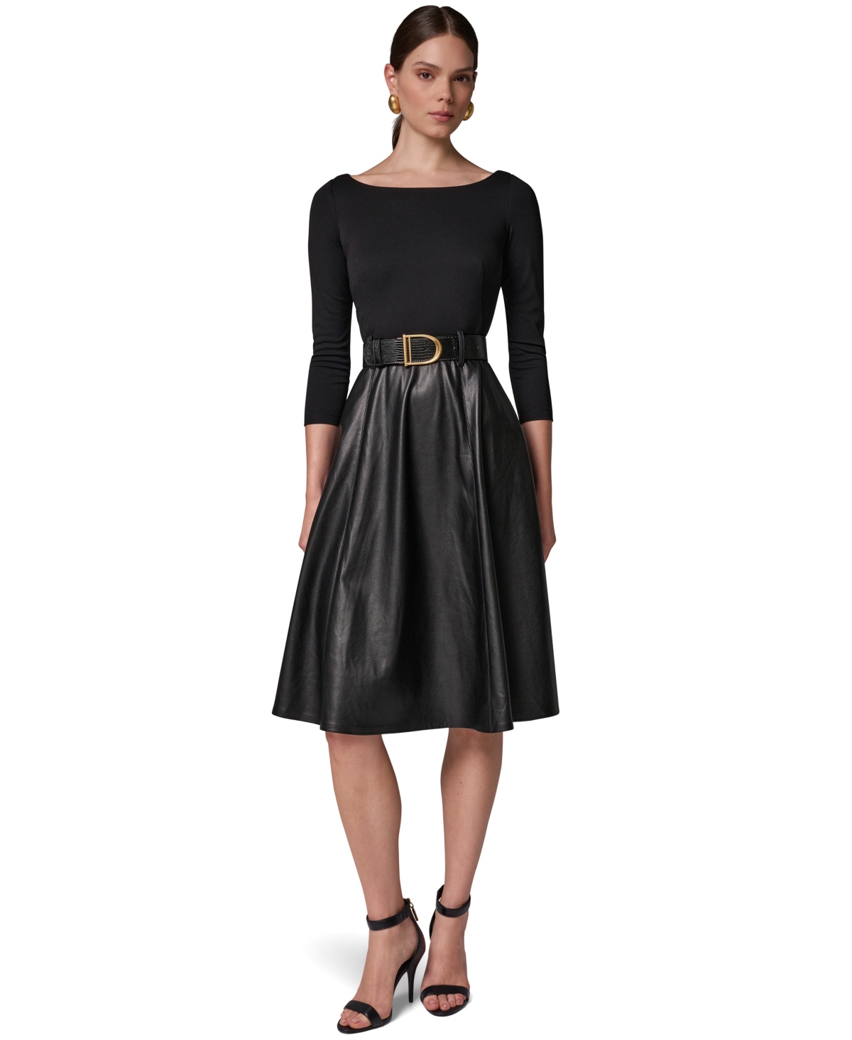 Donna Karan New York Women’s Boat Neck Mixed Media Belted Fit & Flare Dress – Black Donna Karan New York Women’s Boat Neck Mixed Media Belted Fit & Flare Dress – Black