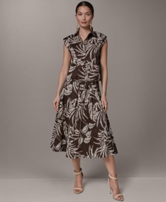 Donna Karan New York Womens Button Front Drawstring Top Printed Pleated Skirt