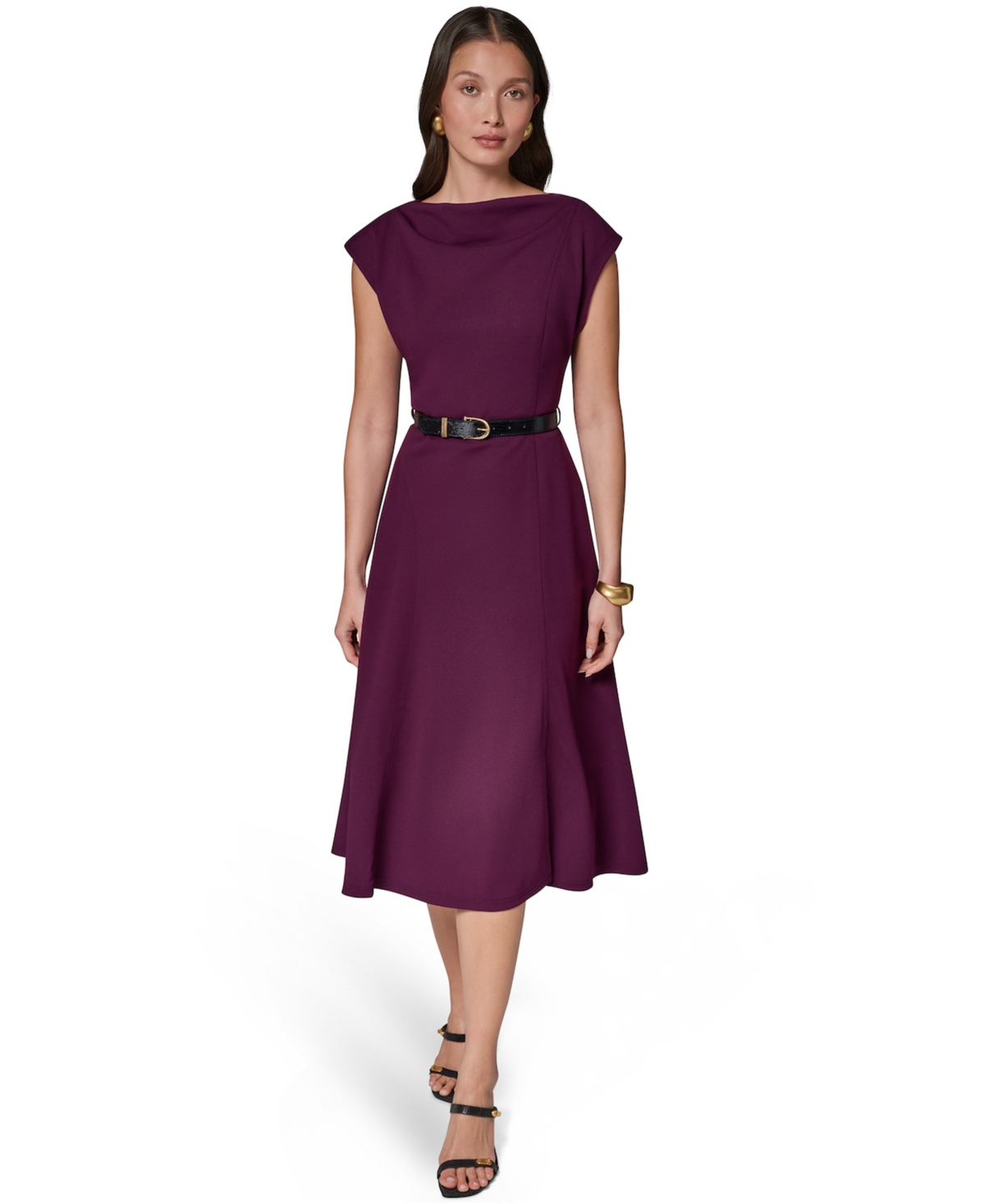 Donna Karan New York Women’s Cap-Sleeve Boat-Neck Belted A-Line Dress – BERRY (BER)